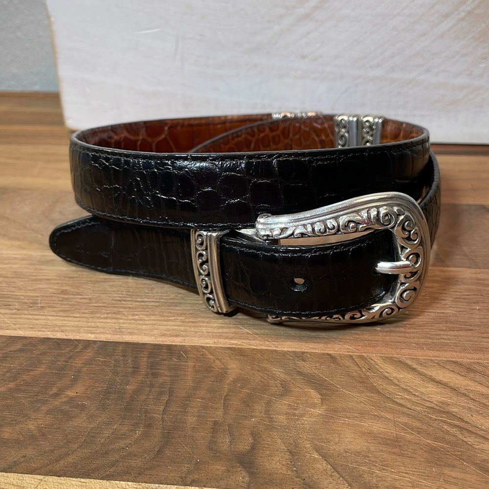 Brighton Reversible Croc Embossed Leather Belt Small Brown Black Silver Buckle